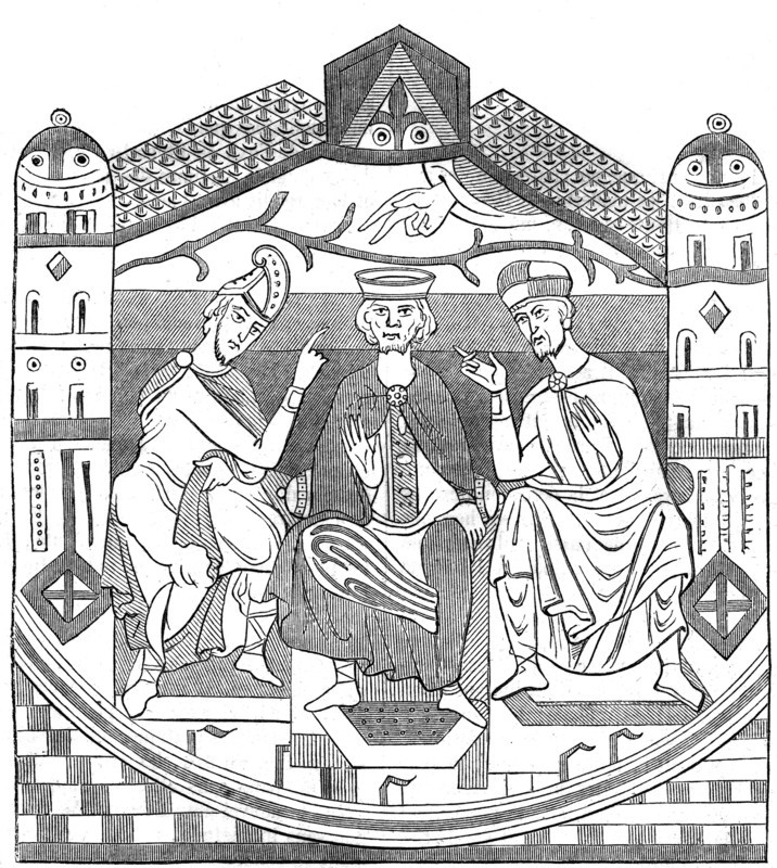 Drawing of Louis the Pious and two of his advisers.
