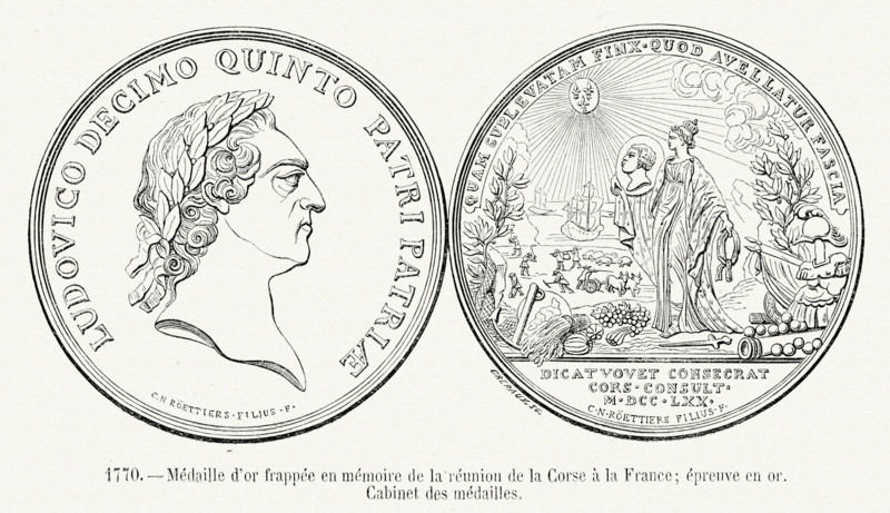Commemorative gold medal to celebrate the union of France with Corsica.