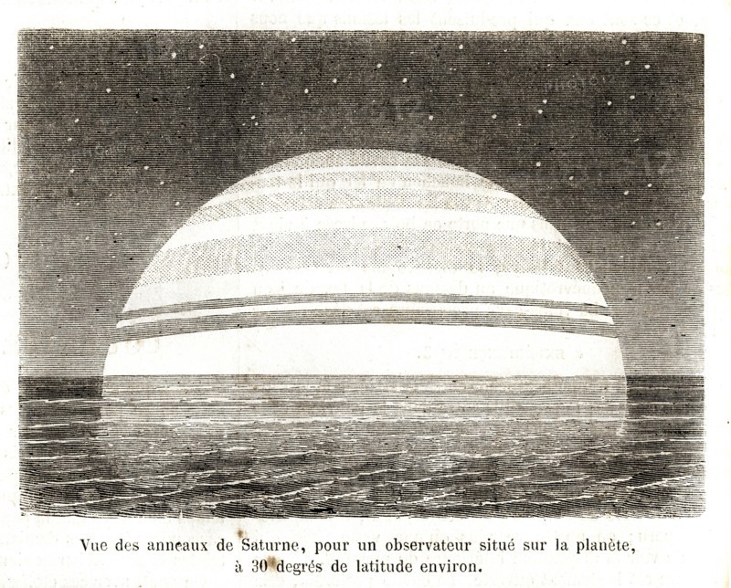 1864. View of Saturn's rings, from an observatory situated at around 30° latitude.