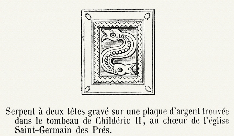 Two-headed serpent engraved on a silver plate found in the tomb of Childeric II, in the choir of the Saint-Germain des Prés Church.
