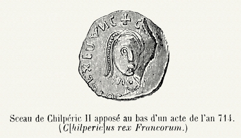 Seal of Chilperic II stamped at the end of an act passed in 714.