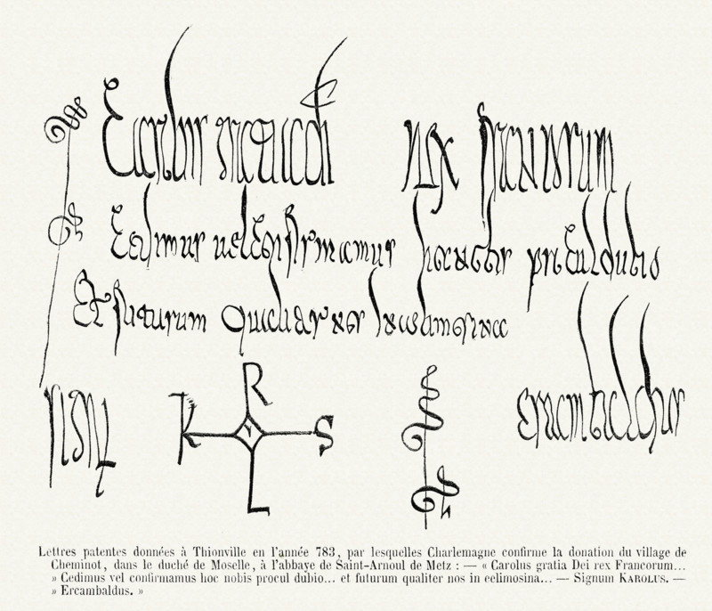 Patented letters from Thionville in the year 783, through which Charlemagne confirms the donation of the town of Cheminot, in the Duchy of Moselle. From the abbey of Saint-Arnoul de Metz.