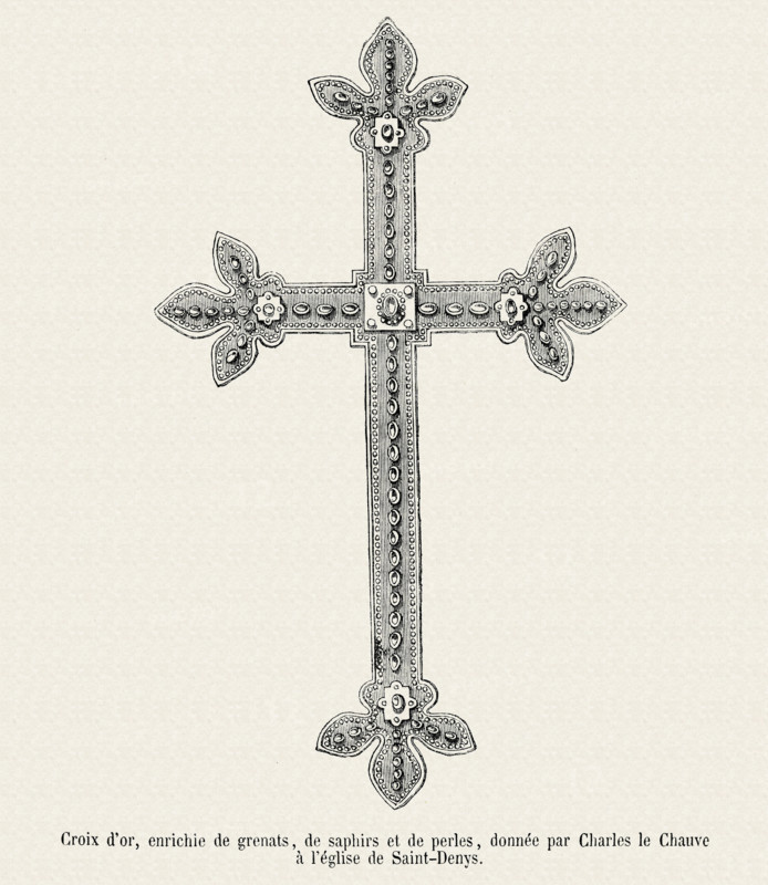 Golden cross, decorated with dark red saphires and pearls, donated to the Church of Saint-Denis by Charles the Bald.
