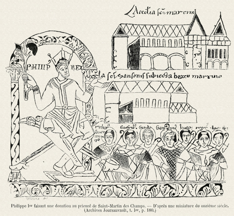 Philippe 1er faisant une donation au prieuré de Saint-Martin des Champs (d'après une miniature du 11 siècle).