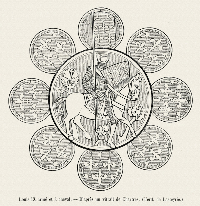 Louis IX, in armour, on horseback.