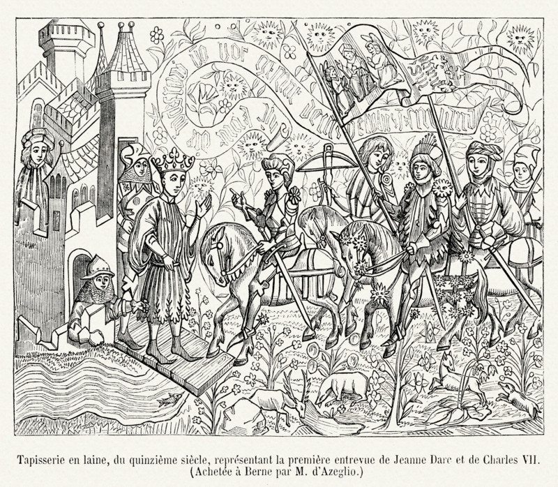 Woolen tapestry depicting the first meeting between Joan of Arc and Charles VII.
