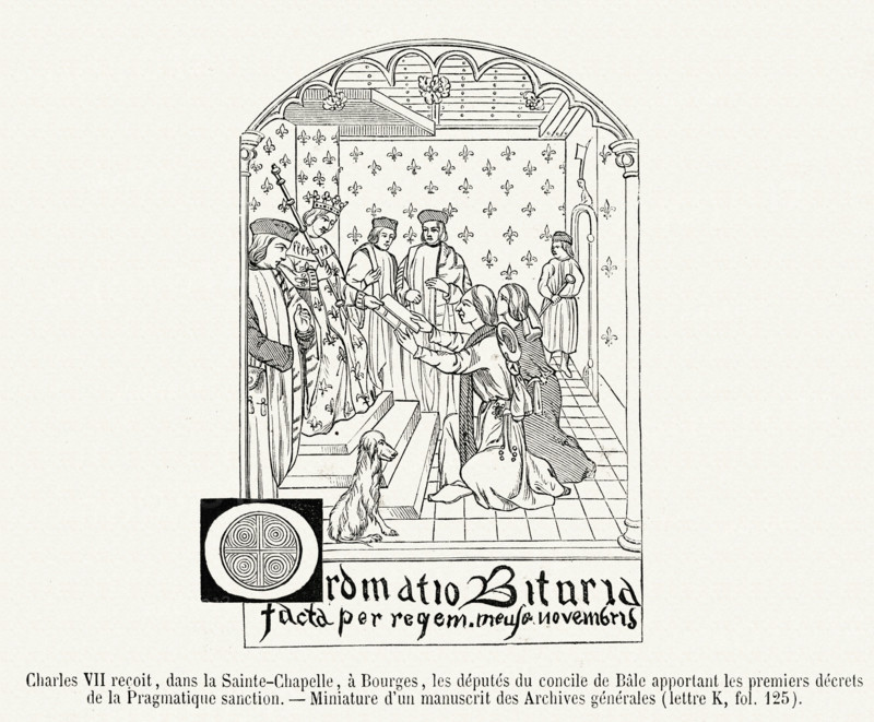 Charles VII receives, in the Sainte Chapelle, in Bourges, the politicians of the Council of Bâle, bringing to him the first decrees of the Pragmatic Sanction of Bourges.