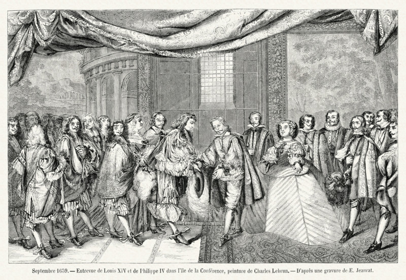 Meeting between Louis XIV and Philip IV on Pheasant Island, painting by Charles Lebrun.