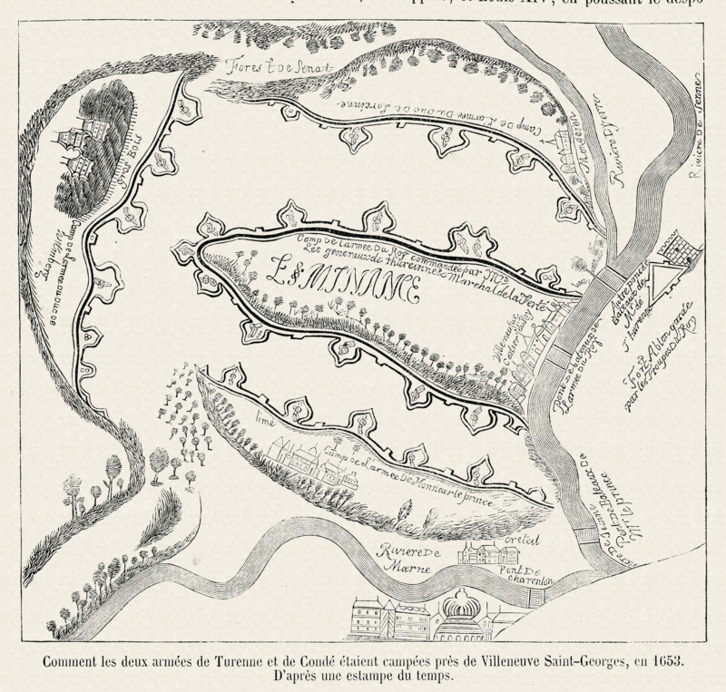 The camp sites of the two armies at Turenne and Condé near to Villeneuve Saint-Georges, in 1653.