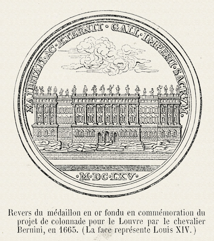 Reverse side of a golden medallion, issued to celebrate the commencement of construction started on the colonnade of the Louvre.