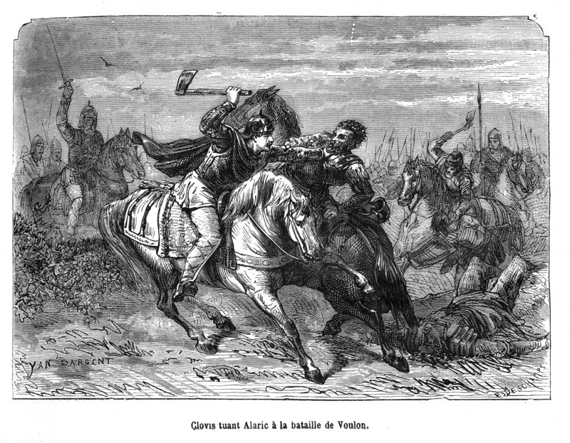 Clovis killing Alaric in the battle of Voulon.