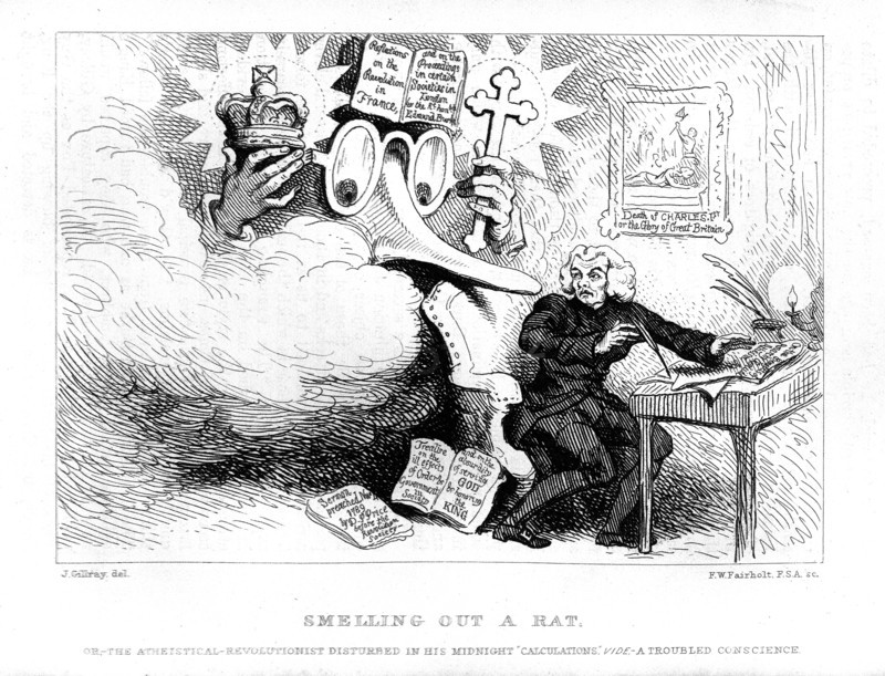 Smelling out a Rat. Le révolutionnaire athée surpris dans ses supputations. Caricature anglaise.