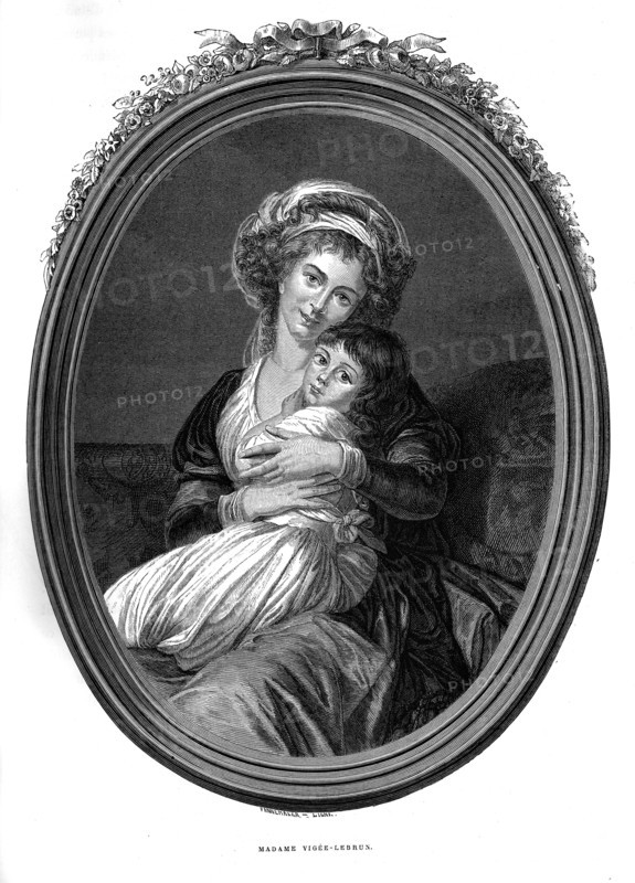 Élisabeth-Louise Vigée Le Brun, née le 16 avril 1755 à Paris et morte le 30 mars 1842 à Louveciennes, est une peintre française, au nombre des plus grands portraitistes de son temps, avec par exemple Quentin de La Tour ou Jean-Baptiste Greuze. Gravure.