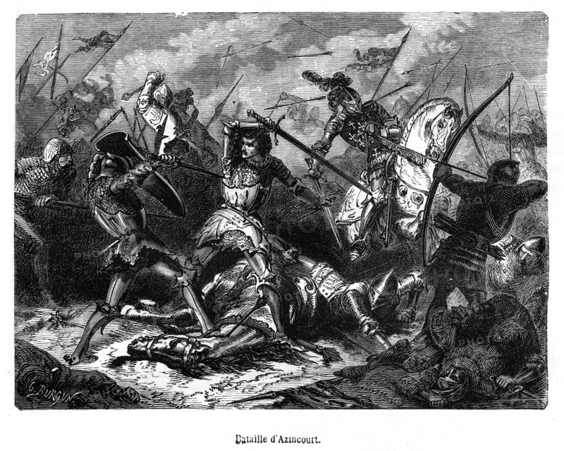 La bataille d'Azincourt (Artois) se déroule le vendredi 25 octobre 1415 pendant la guerre de Cent Ans. Les troupes françaises, de quelque 15 000 hommes, y tentent de barrer la route de Calais à l'armée du roi anglais Henri V, forte d'environ 12 000 hommes, et débarquée dès septembre au lieu-dit Chef-de-Caux, près de la ville d'Harfleur, ville qui d'ailleurs sera prise et occupée pour leur sécurité. La bataille qui s'ensuivra se soldera par une défaite importante pour le camp français: la cavalerie lourde, rendue moins efficace par un terrain boueux et les retranchements anglais, est transpercée par les archers en majorité gallois, équipés de grands arcs (long bows) à très longue portée.
