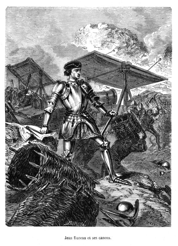 Jean Bureau et ses canons. Jean Bureau, seigneur de Montglat (ou Montglas), Grand-Maître de l'Artillerie du Roi Charles VII qui, en utilisant massivement l'artillerie pour la première fois en Occident, a remporté la victoire contre les Anglais à la bataille de Castillon, mettant ainsi un terme à la guerre de Cent Ans.
