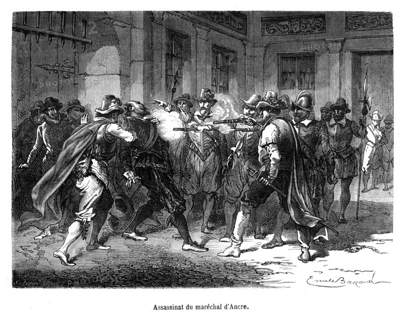 Assassinat du maréchal d'Ancre. Concino Concini, maréchal d’Ancre, né à Florence vers 1575 et assassiné à Paris le 24 avril 1617, fut un favori de la régente Marie de Médicis dont il avait épousé la soeur de lait, Léonora Dori. Sa grande influence politique auprès de la régente lui vaudra l'opposition du jeune Louis XIII et de ses courtisans qui le feront assassiner.