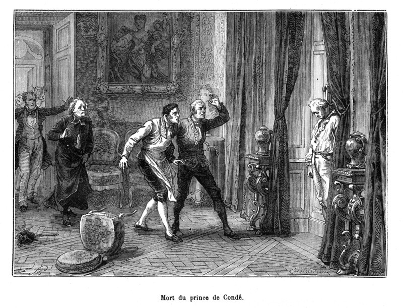 Mort du prince de Condé. Louis VI Henri Joseph de Bourbon-Condé, plus connu sous le nom de duc de Bourbon, était un prince de sang royal français, né le 13 avril 1756 à Paris et mort le 27 août 1830, au château de Saint-Leu. Il fut le 9e duc d'Enghien (1756-1772), puis duc de Bourbon (1772-1818) et enfin, à la mort de son père en 1818, le 9e – et dernier – prince de Condé.