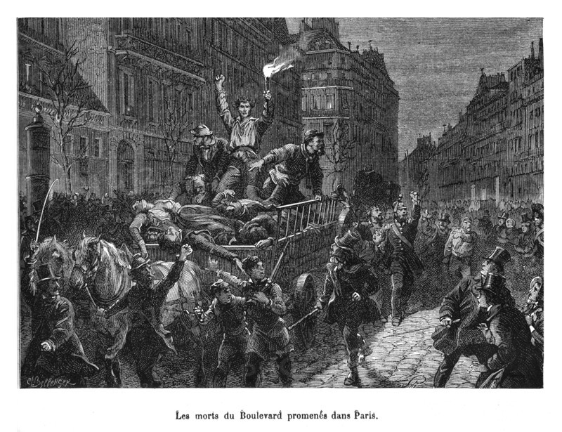 1848. Les morts du Boulevard promenés dans Paris. Les journées de Juin sont une révolte du peuple de Paris du 22 au 26 juin 1848 pour protester contre la fermeture des Ateliers nationaux.