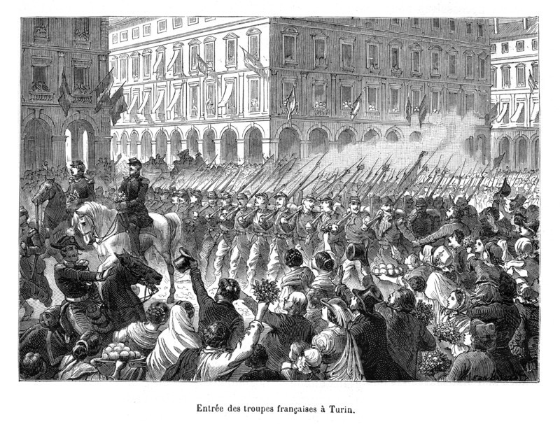 Entrée des troupes françaises à Turin. À Turin, le roi Albert 1er entre en guerre contre l'Autriche pour chasser celle-ci de Lombardie et de Vénétie. Il a le soutien de Cavour.