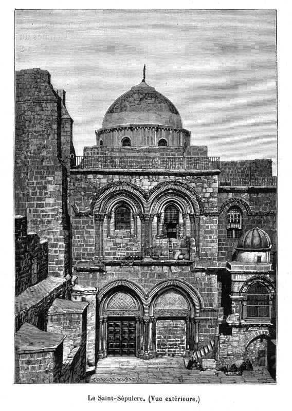 Israël. Jérusalem. Le Saint-Sépulcre. Vue extérieure. L'Église du Saint-Sépulcre, également appelée Église de la Résurrection par les Chrétiens d'Orient, est une église chrétienne située dans la Vieille ville de Jérusalem. Ce lieu est considéré comme le saint des saints pour une grande partie des chrétiens qui le vénèrent particulièrement. Il s’agit en effet du sanctuaire édifié autour du lieu supposé de la crucifixion (Golgotha) ainsi que de l’endroit où le Christ aurait été enterré (Le sépulcre ou tombeau de Jésus) et où il aurait ressuscité (Anastasis, en grec « Résurrection »). L'église est devenue un important lieu de pèlerinage à partir du IVe siècle.