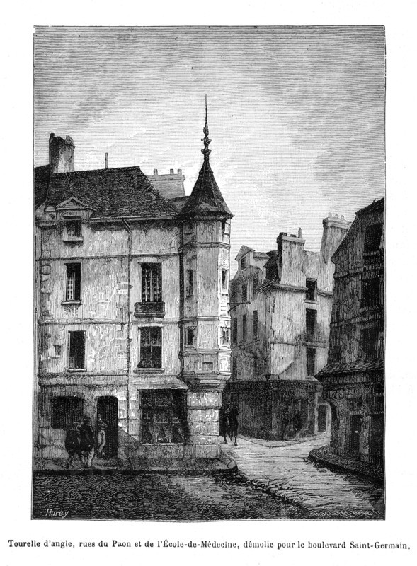 Tourelle d'angle, rues du Paon et de l'Ecole de Médecine, démolie pour le percement du boulevard Saint-Germain. Haussmann.