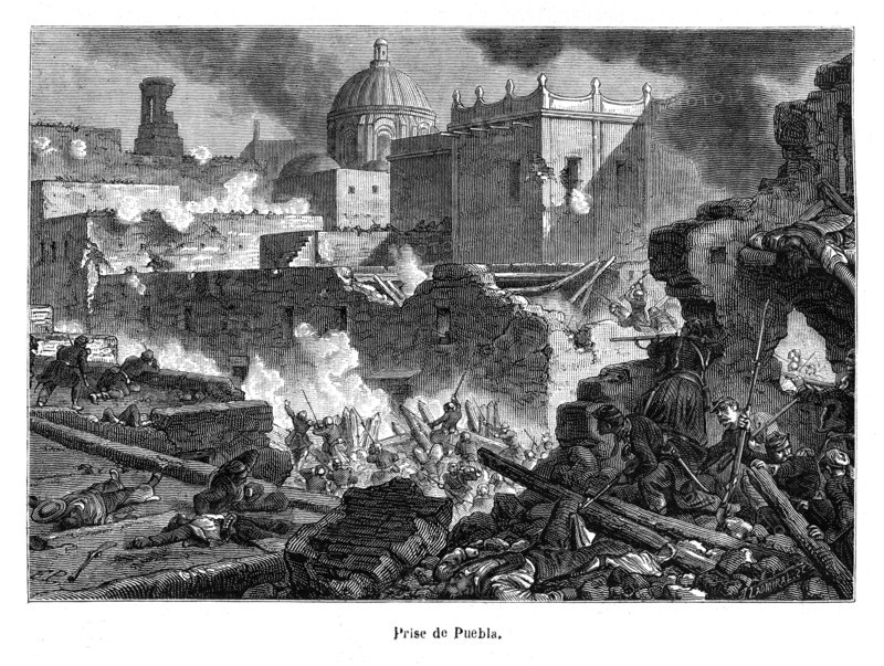 Prise de Puebla. Lors de l' Expédition du Mexique, une bataille a lieu autour de la ville de Puebla de Los Angeles, le 5 mai 1862 puis elle est à nouveau attaquée et assiégée par l'armée française du 16 mars au 17 mai 1863, tombant finalement aux mains des Français.