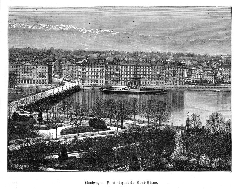 Suisse. Vue de Genève. Pont et quai du Mont-Blanc.