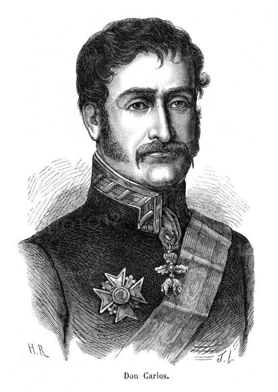 Don Carlos. Charles Marie Isidore Benoît de Bourbon (en castillan : Su Alteza don Carlos María Isidro Benito de Borbón y de Borbón) était né le 29 mars 1788, infant d'Espagne, prétendant au trône d'Espagne, mort le 10 mars 1855.