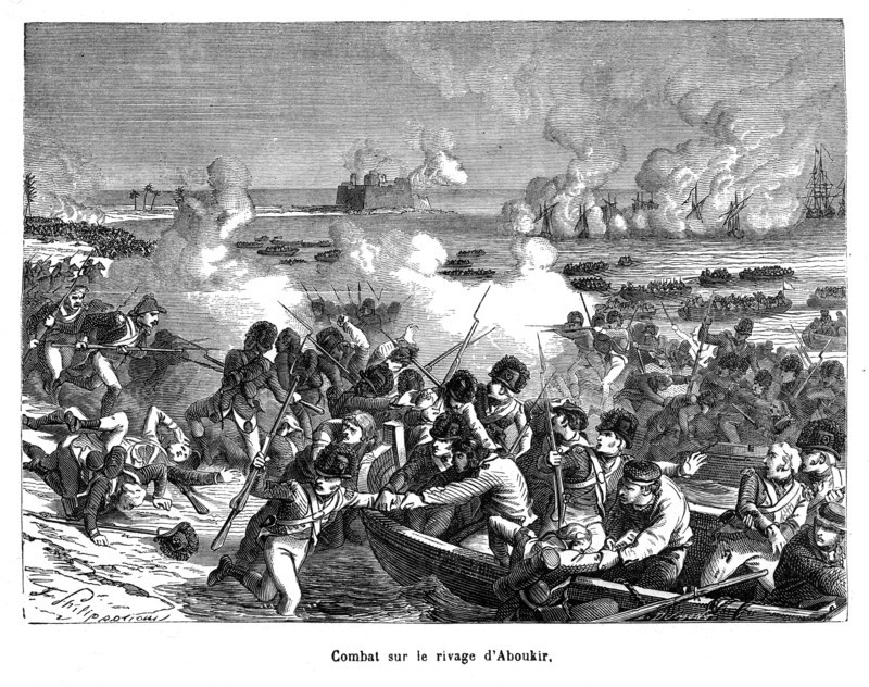 Combat sur le rivage d'Aboukir. La bataille d’Aboukir eut lieu le 1er août 1799 entre l'Armée française d'Orient et les Turcs ottomans en Égypte. Le général Napoléon Bonaparte y remporte une victoire sur l'Empire ottoman.