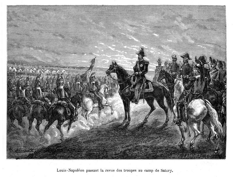 Louis-Napoléon passant en revue des troupes au camp de Satory. Charles Louis Napoléon Bonaparte, prince français à sa naissance, dit Louis-Napoléon Bonaparte (20 avril 1808 - 9 janvier 1873), est le premier président de la République française, élu le 10 décembre 1848 avec 74 % des voix au suffrage universel masculin, ainsi que le troisième empereur des Français (1852-1870) sous le nom de Napoléon III. Il est donc à la fois le premier président de la République française et le dernier monarque français.