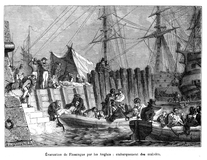 Evacuation de Flessingue par les Anglais: embarquement des malades. En 1809, au cours des guerres napoléoniennes, les troupes anglaises ont débarqué sur l'île de Walcheren et Flessingue a été assiégée. Le 10 août, les assailants ont commencé les canonnages légers ; deux jours plus tard, les canonnages lourds ont suivi : 1 100 canons ont été utilisés. Beaucoup de bâtiments ont été détruits : le plus connu d'entre eux est l'hôtel de ville sur la grand place.