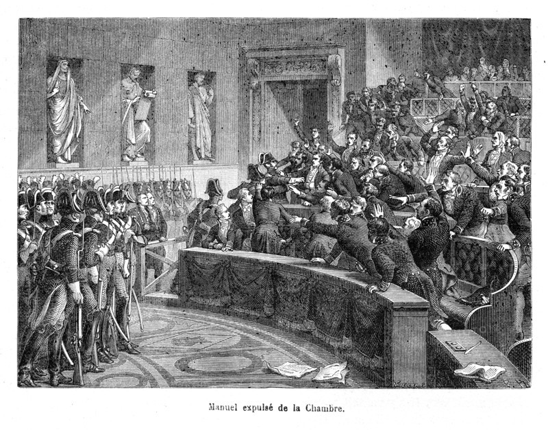 Manuel expulsé de la Chambre. Jacques-Antoine Manuel (1775-1827) est un avocat et homme politique libéral français du début du XIXe siècle. En 1815, il fut élu député des Basses-Alpes malgré lui, mais finit par l'accepter. En 1818, il fut réélu député, mais étrangement non des Basses-Alpes, mais du Finistère et de Vendée.Grand orateur, ses opinions lui valurent beaucoup d'ennemis parmi les députés ultras. Il devint l'ami du libéral Louis-Adolphe Robin-Morhéry.
Réélu député de Vendée en 1820 et 1823, les députés ultra demandèrent son exclusion le 27 février 1823. En effet, ce jour là il prononça un discours sur l'expédition d'Espagne, dans lequel certains virent une justification de la déchéance de Louis XVI en 1792. Manuel fut officiellement expulsé de la Chambre. Bravant sa déchéance, il revint le lendemain. Il prononça alors sa fameuse phrase :
"Mr le Président, j'ai annoncé hier que je ne céderais qu'à la violence, aujourd'hui je viens tenir ma parole".
Il fallut faire appel à la ge...