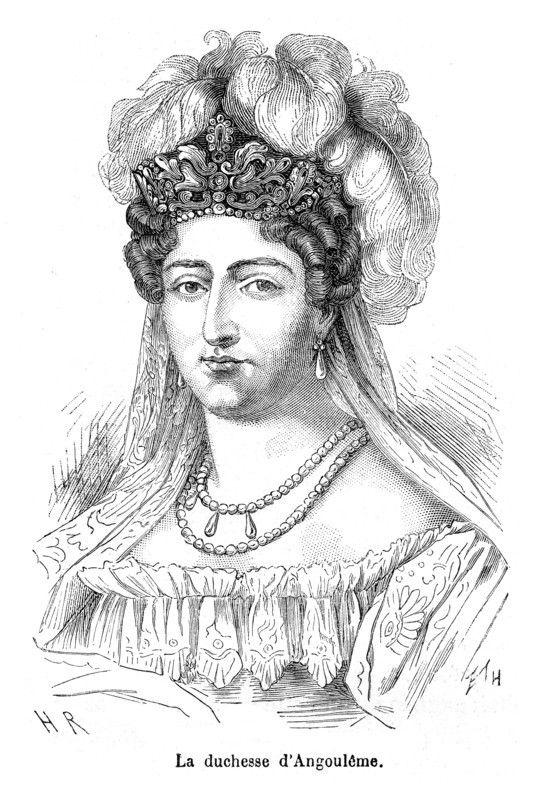Duchesse d'Angoulême. Marie Thérèse Charlotte de France (Marie Thérèse Charlotte étant sa signature et Charlotte son prénom usuel) est née le 19 décembre 1778 à Versailles et morte le 19 octobre 1851 à Frohsdorf (Autriche). Fille aînée du roi Louis XVI de France et de Marie-Antoinette d'Autriche, elle est la seule de la famille royale à avoir survécu à la Révolution. Le 10 juin 1799, en épousant son cousin, Louis, elle devient duchesse d'Angoulême et comtesse de Marnes.