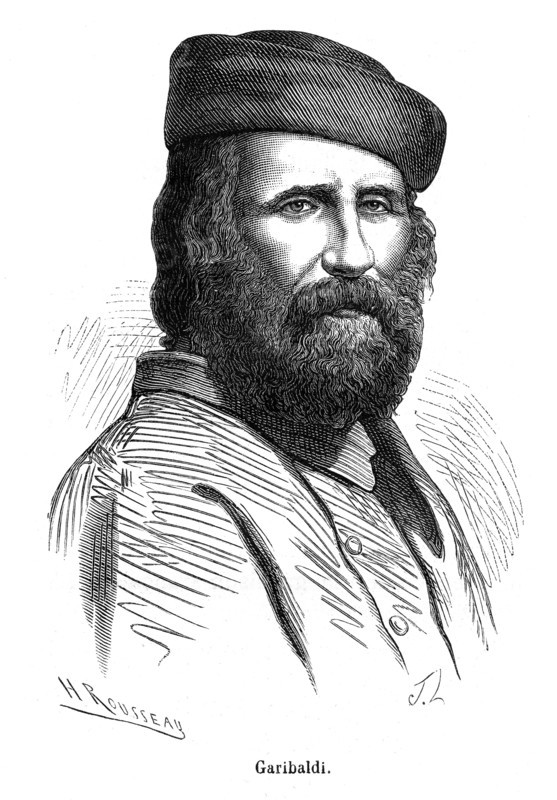 Giuseppe Garibaldi, né à Nice, le 4 juillet 1807 et mort à Caprera (royaume d'Italie), le 2 juin 1882, est un général et un homme politique italien. Il est considéré comme un personnage fondamental du risorgimento italien pour avoir personnellement conduit et combattu dans un grand nombre de campagnes militaires qui ont permis la constitution de l'Italie unifiée. Il est surnommé le Héros des Deux Mondes en raison des entreprises militaires qu'il a réalisées aussi bien en Amérique du Sud qu'en Europe.