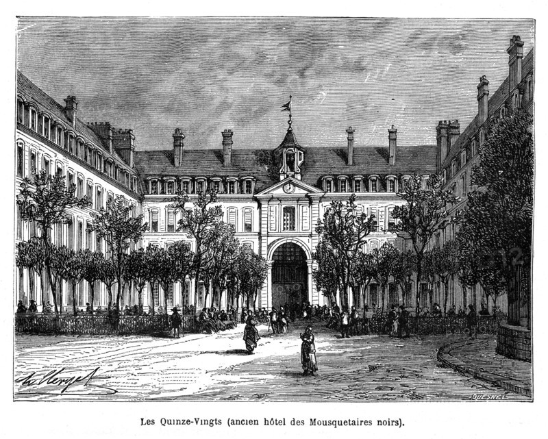 Révolution française. Les Quinze-Vingts (ancien hôtel des Mousquetaires noirs). Le Centre hospitalier national d’ophtalmologie des Quinze-Vingts est actuellement situé 28 rue de Charenton, dans le 12e arrondissement de Paris.
L'hôpital des Quinze-Vingts a donné son nom au quartier des Quinze-Vingts, 48e quartier de Paris et l'un des 4 quartiers du 12e arrondissement de Paris.
Il a été fondé en 1260 par saint Louis (Louis IX de France) et était alors situé rue Saint-Honoré où il reste jusqu'en 1780. Le but était de recueillir les aveugles de Paris qui étaient fort en détresse. Le fait que lors de la septième croisade, qu'il mena, certains des Croisés eurent les yeux crevés joua certainement un rôle dans cette fondation.
Le nom de Quinze-Vingts veut dire trois cents (15 × 20 = 300) dans le système de numération vicésimal et, de fait, l'hospice comprenait trois cents lits.