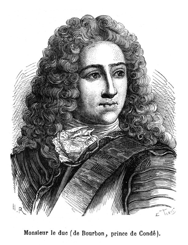 Monsieur le duc de Bourbon, prince de Condé. Louis IV Henri de Bourbon-Condé, (né à Versailles le 18 août 1692 et mort à Chantilly le 27 janvier 1740) duc de Bourbon, 7e prince de Condé (1710), duc de Bourbon, duc d'Enghien et duc de Guise, Pair de France, duc de Bellegarde et comte de Sancerre (1710-1740).