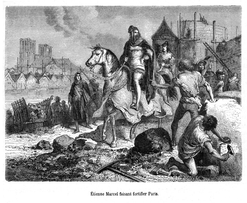 Étienne Marcel, né entre 1302 et 1310 et mort à Paris le 31 juillet 1358, est prévôt des marchands de Paris sous le règne de Philippe VI de Valois puis sous celui de son fils Jean le Bon. Il se retrouve à la tête du mouvement réformateur qui cherche à instaurer une monarchie contrôléeen France en 1357, en affrontant le pouvoir royal exercé par le dauphin. Délégué du tiers état, il joue un rôle considérable au cours des états généraux tenus en pleine guerre de Cent Ans. Etienne Marcel faisant fortifier Paris.