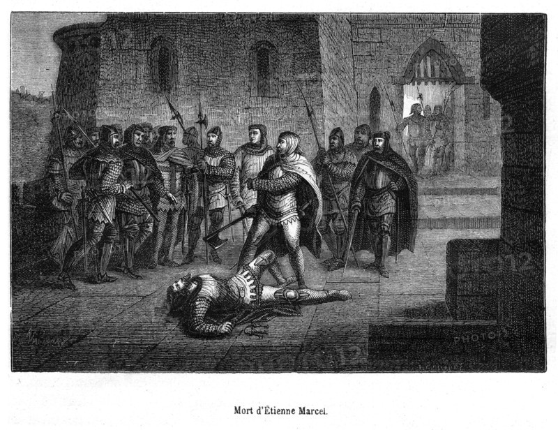 Étienne Marcel, né entre 1302 et 1310 et mort à Paris le 31 juillet 1358, est prévôt des marchands de Paris sous le règne de Philippe VI de Valois puis sous celui de son fils Jean le Bon. Il se retrouve à la tête du mouvement réformateur qui cherche à instaurer une monarchie contrôléeen France en 1357, en affrontant le pouvoir royal exercé par le dauphin. Délégué du tiers état, il joue un rôle considérable au cours des états généraux tenus en pleine guerre de Cent Ans. Mort d'Etienne Marcel.