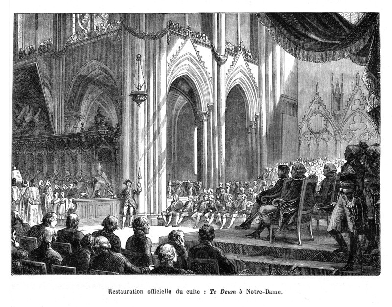 Restauration officielle du culte: Te Deum donné à Notre-Dame. Bonaparte. Consulat. Les négociations furent longues tant à Rome qu'à Paris; elles étaient même traversées par M. de Talleyrand, que la cour de Rome avait blessé; mais enfin la volonté du premier consul l'emporta, et, le 15 juillet 1801, le concordat fut signé.