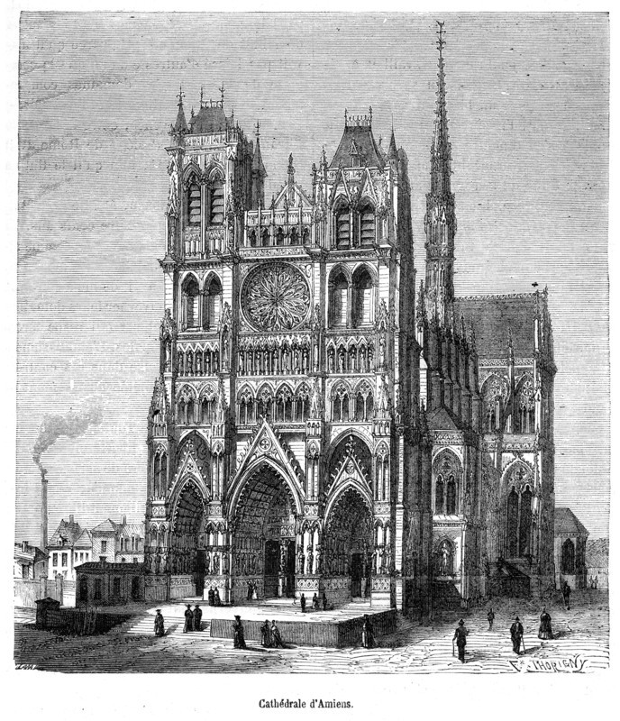 La cathédrale Notre-Dame d'Amiens est la plus vaste de France par ses volumes intérieurs (200 000 m3). Avec les cathédrales de Chartres et de Reims, elle est considérée comme l'archétype du style gothique classique, comprenant aussi des éléments des phases suivantes du style gothique, du gothique rayonnant (notamment le chevet) et du gothique flamboyant (notamment la grande rosace de la façade occidentale, la tour nord et les stalles). (1220-1288).