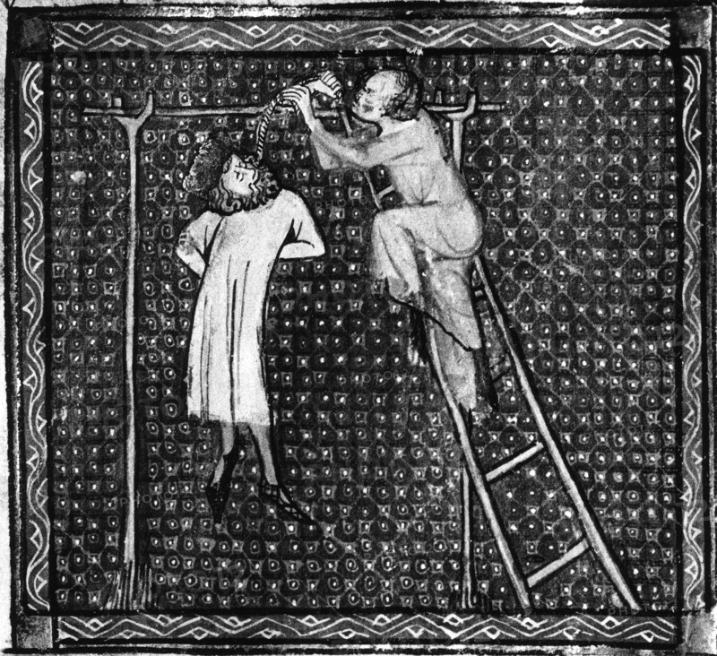 Pendaison de Crésus, roi de Lydie. Manuscrit du Roman de la Rose. Bibl. Ste Geneviève. Détail.