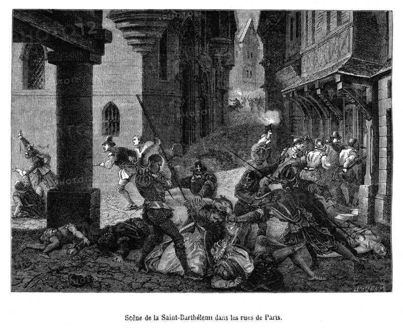 Scène de la Saint-Barthélémy dans les rues de Paris. Le massacre de la Saint-Barthélemy est le massacre perpétré à Paris par les catholiques sur les protestants le 24 août 1572, jour de la Saint-Barthélemy. Ce massacre s'est prolongé dans la capitale pendant plusieurs jours, puis s'est étendu à plus d'une vingtaine de villes de province durant les semaines suivantes.