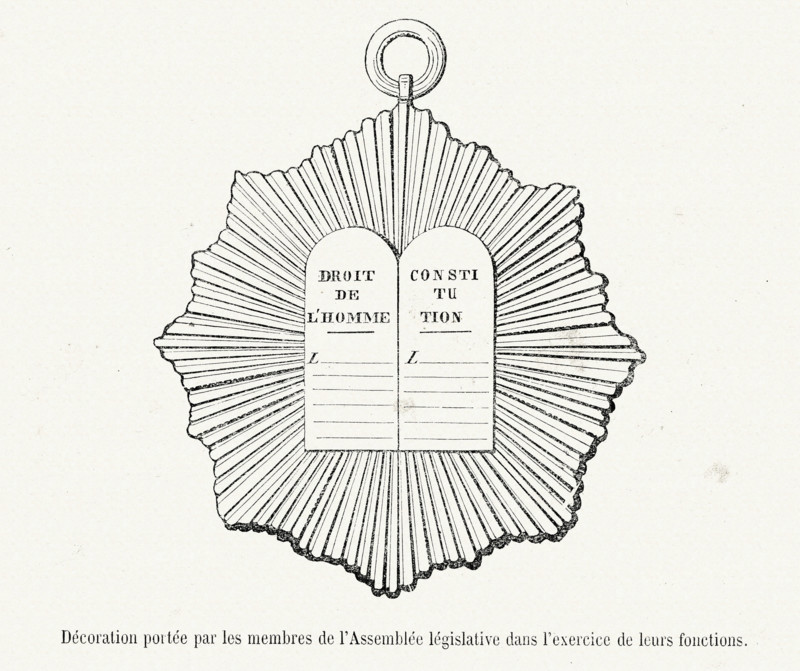 Révolution. Décoration portée par les membres de l'Assemblée législative dans l'exercice de leurs fonctions. Gravure 19e.