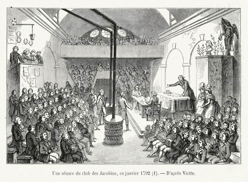Révolution. Une séance au club des Jacobins, en janvier 1792. Gravure 19e.