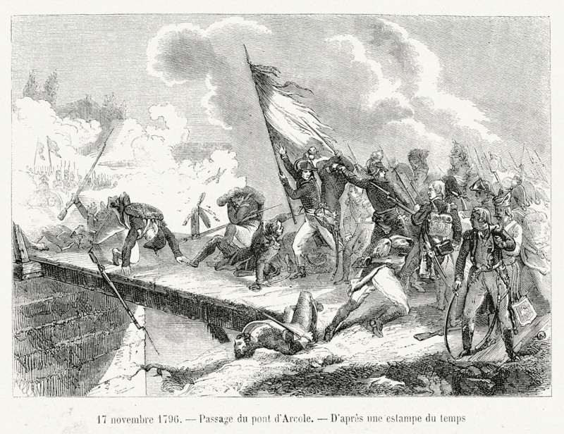 17 novembre 1796. Passage du pont d'Arcole.  Gravure 19e.