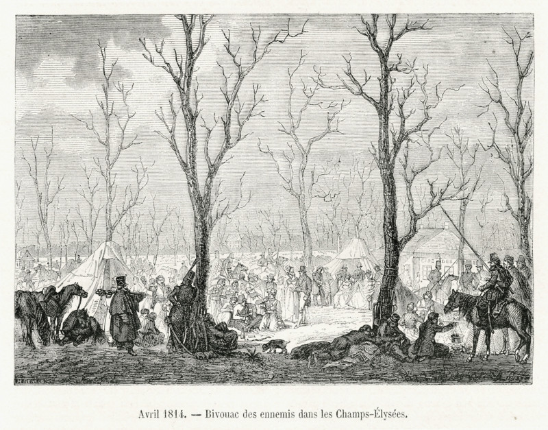 Avril 1814. Bivouac des "ennemis" dans les Champs-Elysées. Les Autrichiens.
- 1er janvier : Proclamation du comte de Provence (le futur Louis XVIII) invitant ses sujets français à bien accueillir les envahisseurs alliés.
- Janvier-mars : Campagne de France. La France est envahie. Napoléon réussit par des manœuvres de rocades à battre séparément les alliés à Champaubert, Montmirail, Vauchamps (10-15 février) et à Montereau (17-18 février).
...
- 12 mars : Wellington prend Bordeaux, appelé par son maire.
- 20 mars : Échec français contre Schwartzenberg à Arcis-sur-Aube.
- 21 mars : Les Autrichiens prennent Lyon.
- 30 mars : Paris capitule.
- En avril, les maréchaux d’Empire refusent de continuer le combat.
- 1er avril : Un gouvernement provisoire composé de royalistes est composé. Talleyrand est reconnu par les assemblées chef d’un gouvernement provisoire.