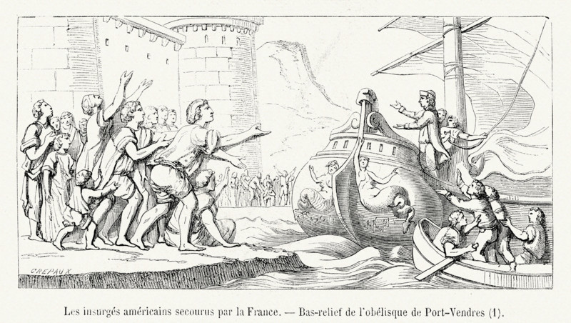 Indépendance des Etats-unis. Les insurgés américains secourus par la France. Bas-relief de l'obélisque du Port-Vendres. Gravure 19e.