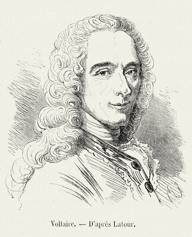 Écrivain et philosophe français, Voltaire, de son vrai nom François Marie Arouet, est né le 21 novembre 1694 (quoiqu'il prétendît être né le 20 février de cette année-là) à Paris où il meurt le 30 mai 1778, Voltaire ne s'est jamais marié et n'a jamais eu d'enfants. Il est admis à l'Académie française en 1746. Gravure 19e.