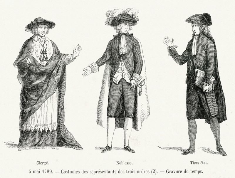 5 mai 1789. Costumes des représentants des trois ordres. Clergé, Noblesse et Tiers état. Gravure 19e.