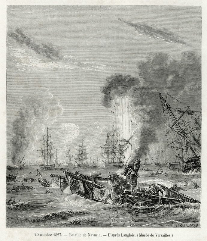 20 octobre 1827. Bataille de Navarin, d'après Langlois. La flotte turco-égyptienne est détruite par les escadres britanniques, françaises et russe à la bataille de Navarin. Navarin est la dernière bataille de la marine à voile.